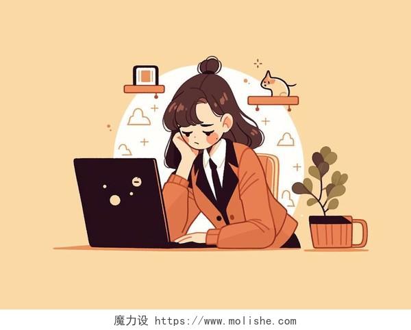 一位职场女性在电脑前疲惫工作场景扁平人物插画招聘职场办公商务白领压力大